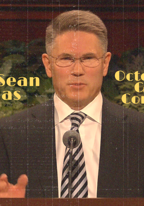 Bishop Sean Douglas speaking during October 2026 General Conference